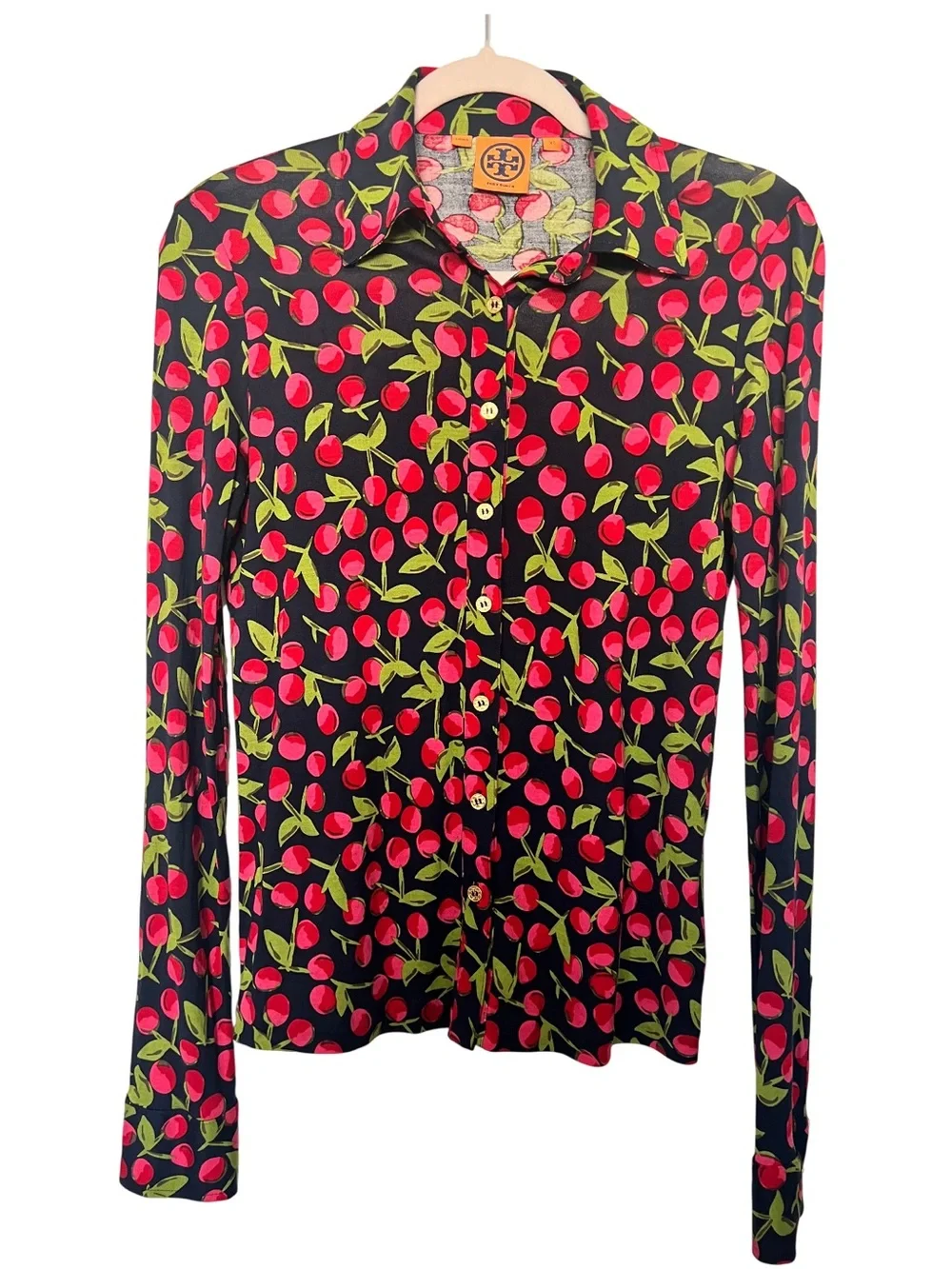 Tory Burch Cherry Print Silk Button-Down Blouse